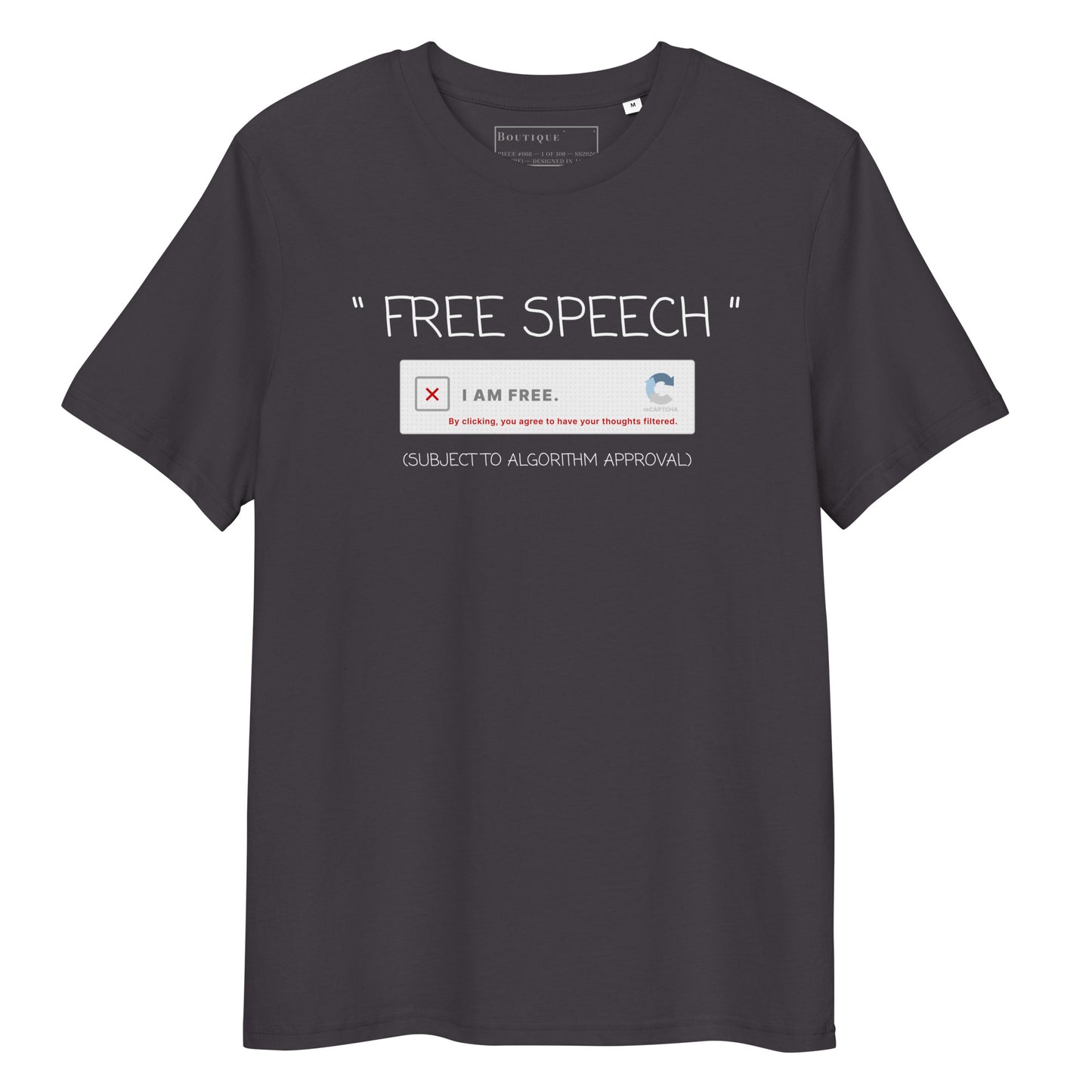 Human Verification Tee in anthracite, organic cotton, front view