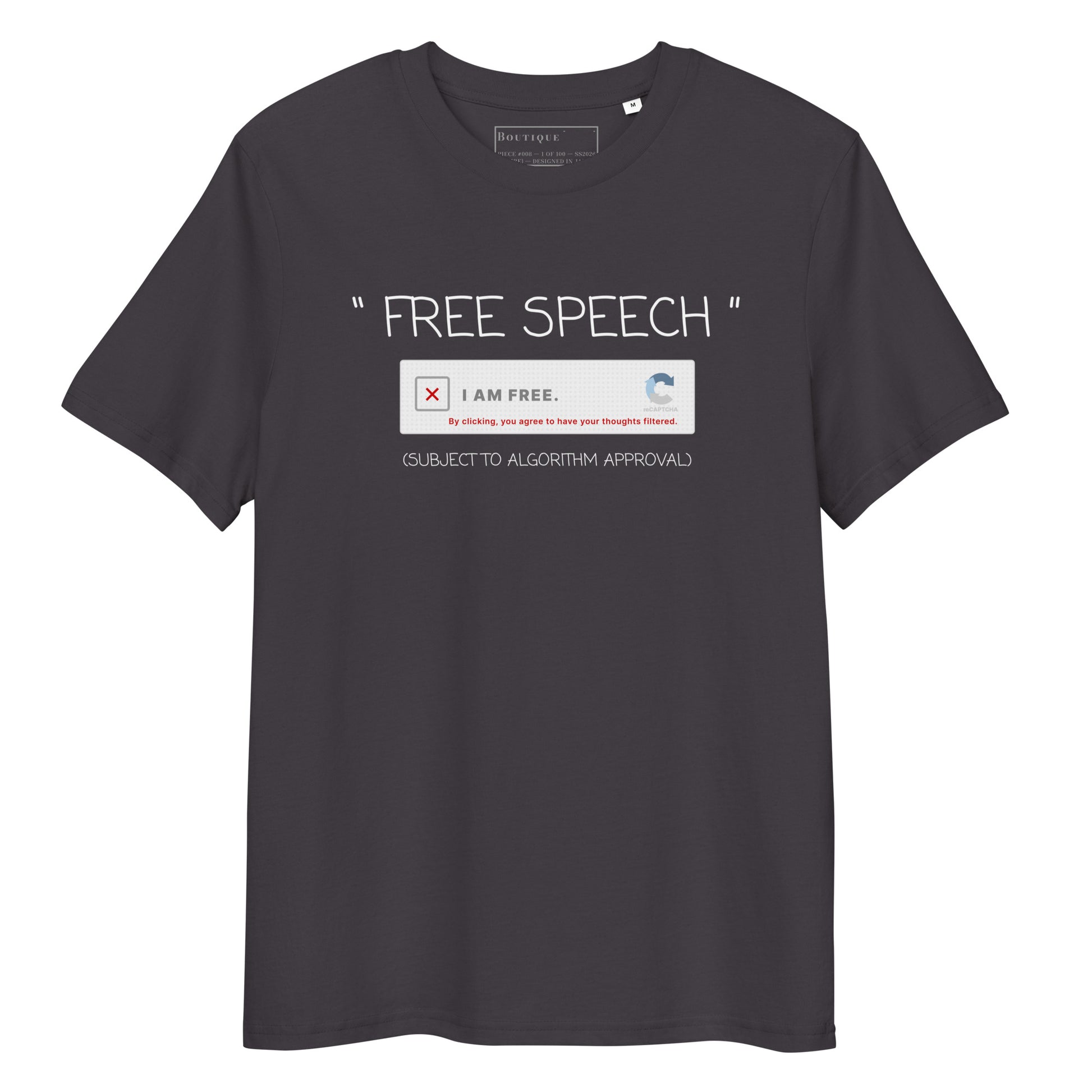Human Verification Tee in anthracite, organic cotton, front view