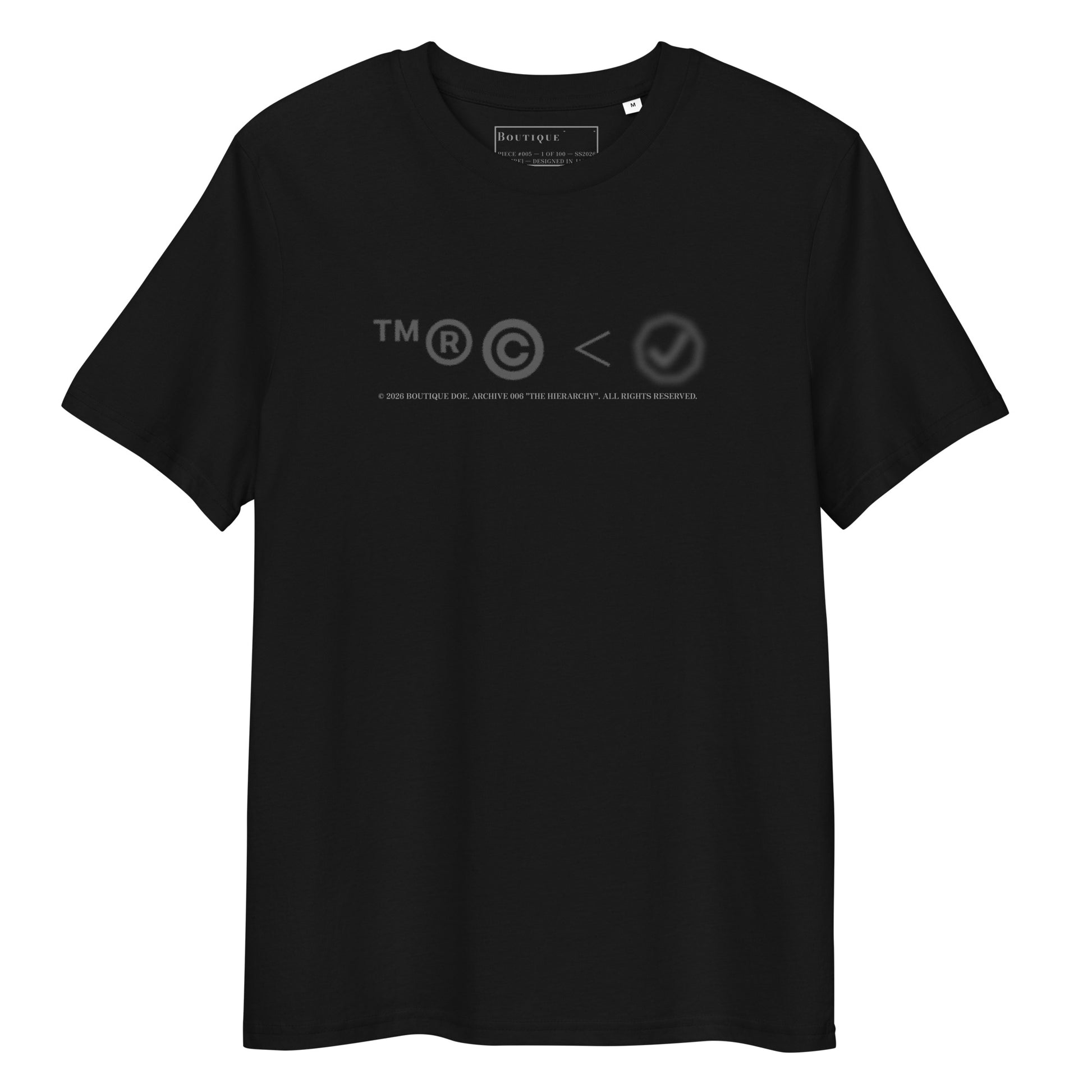 Modern Copyright Tee in black, organic cotton, front view