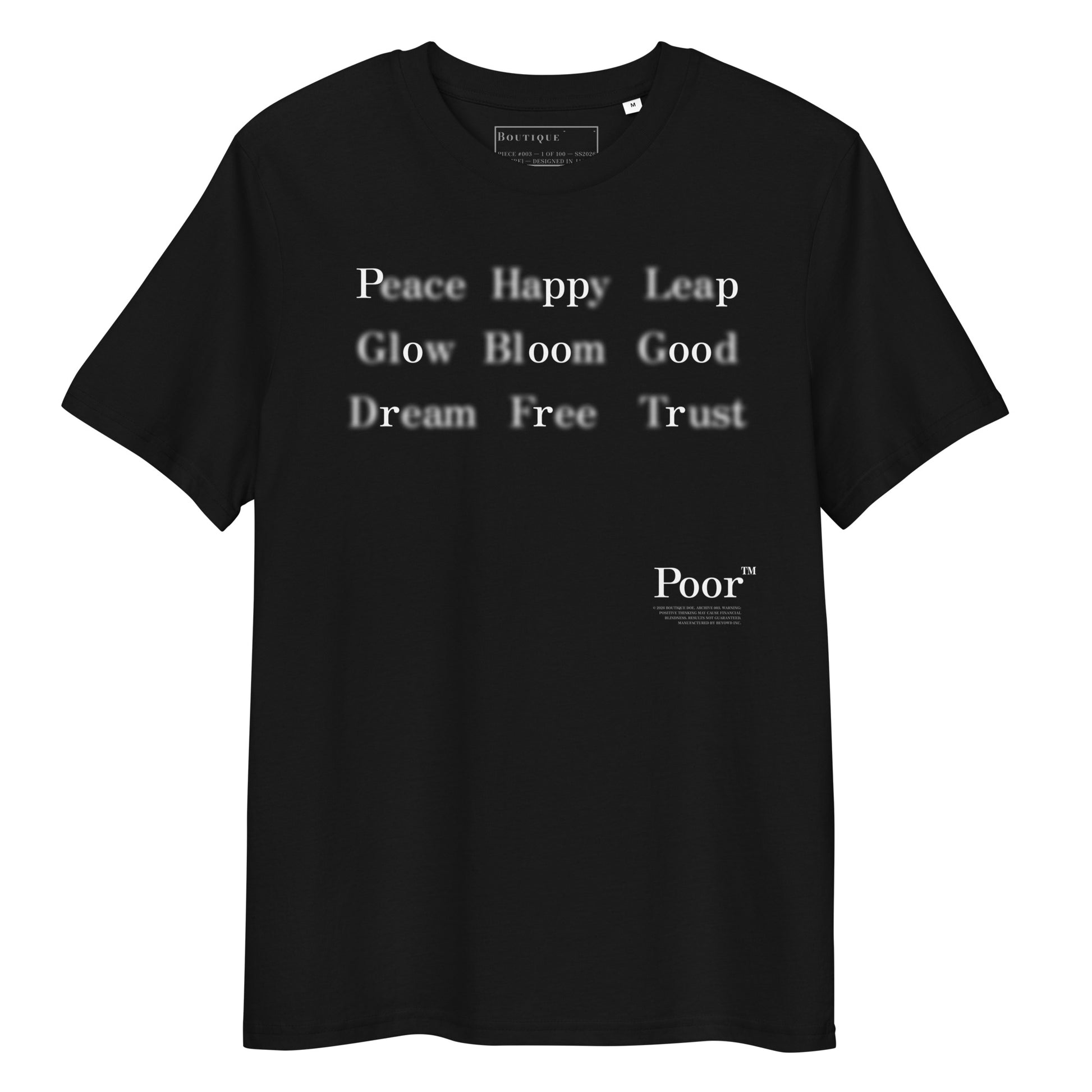 Stay Positive Tee in black, organic cotton, front view