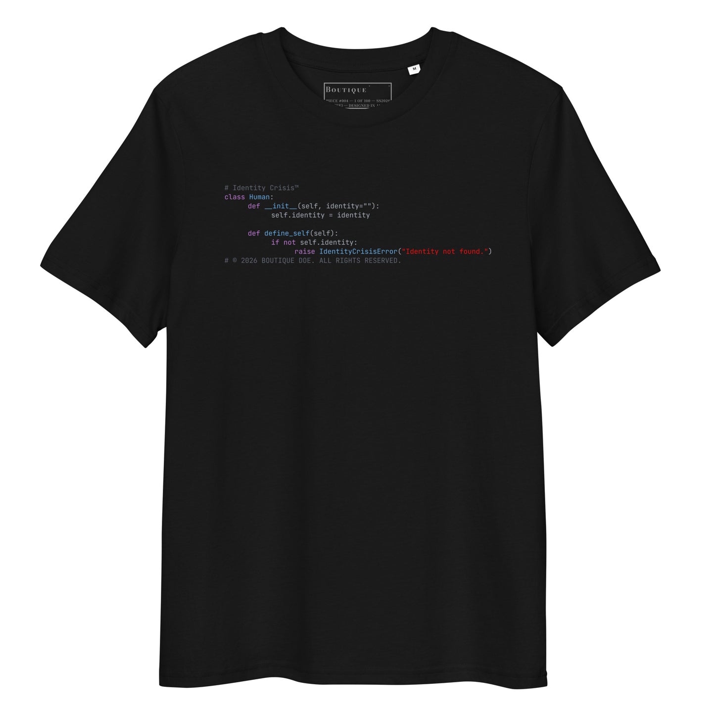 System Exit Tee in black, organic cotton, front view