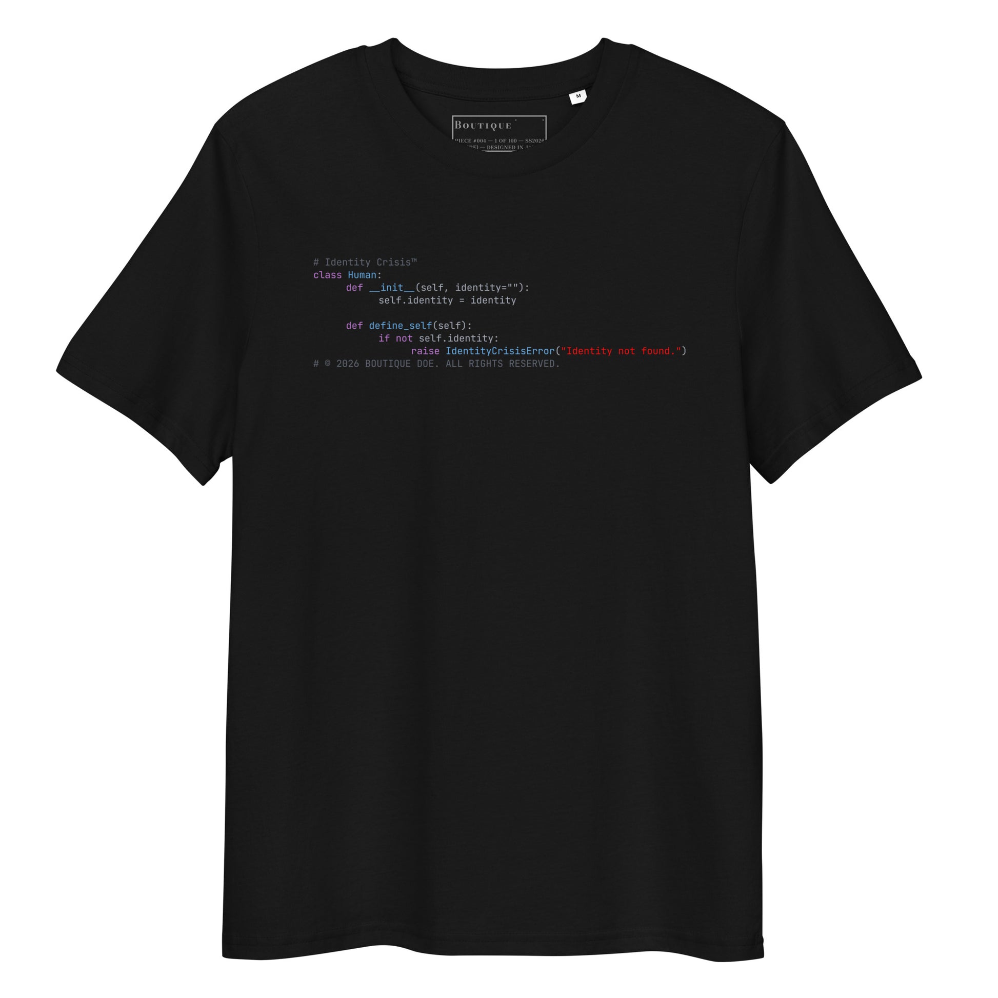 System Exit Tee in black, organic cotton, front view